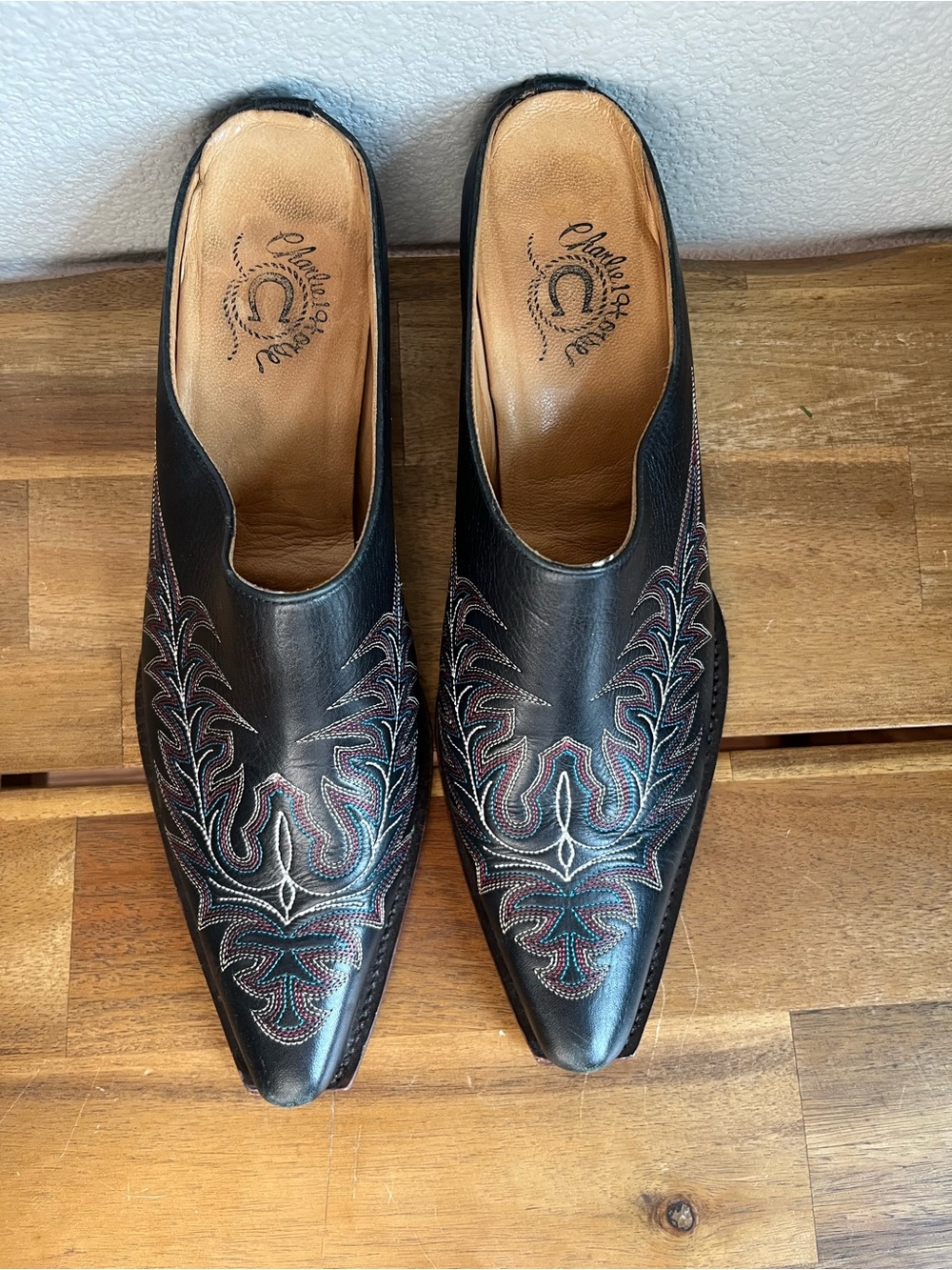 Charlie 1 Horse by Lucchese black leather western mules multi color embroidery